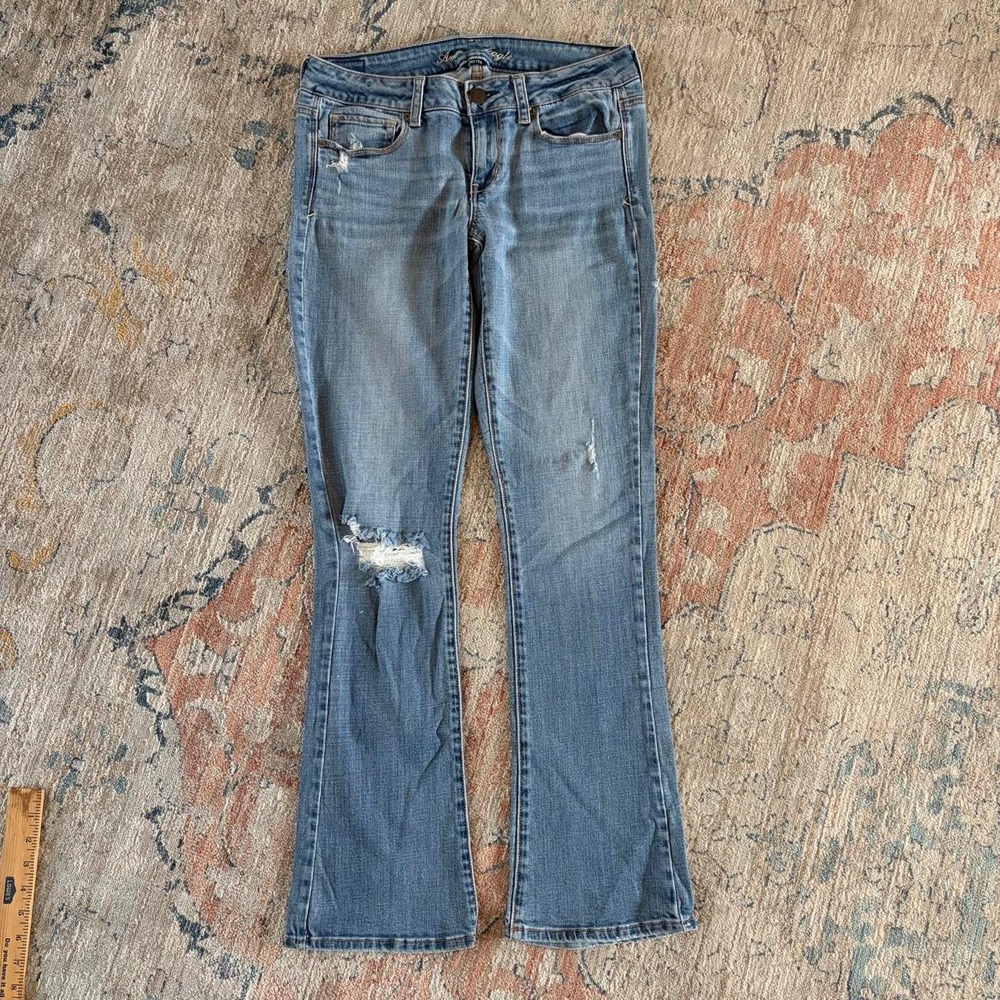 American Eagle Skinny Kick Low Rise Flare Jeans Blue Distressed Women 10 Regular